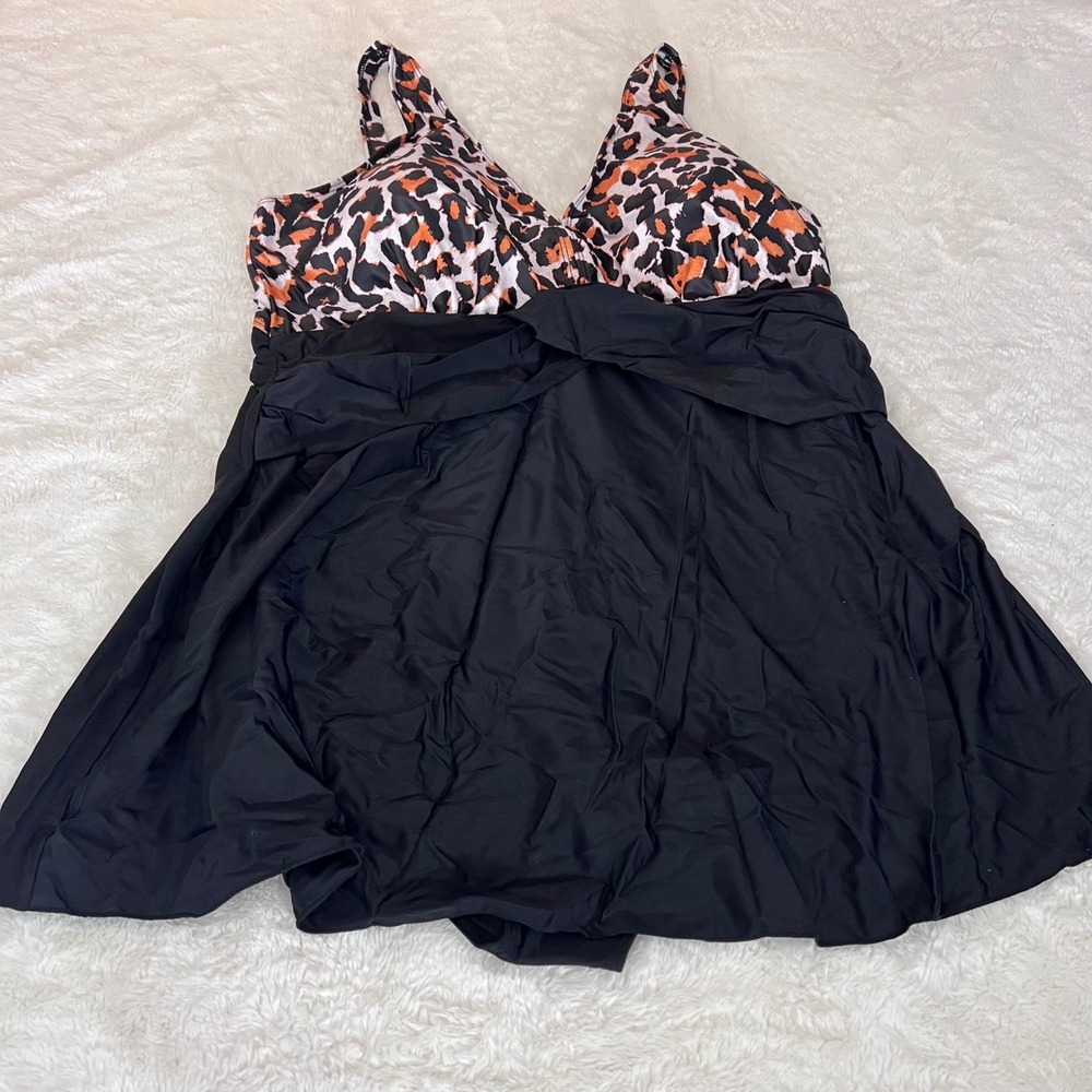 Holipick Plus Size 22W Leopard Print Tankini Swim Dress Black Women's NWT‎